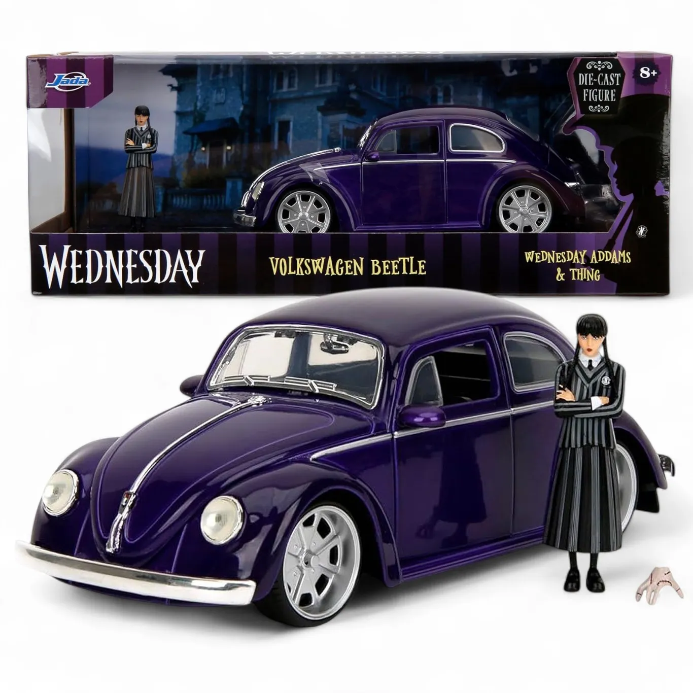 Модель Wednesday 1972 VW Beetle w Wednesday & Thing Figures — 1:24 Die-cast Model